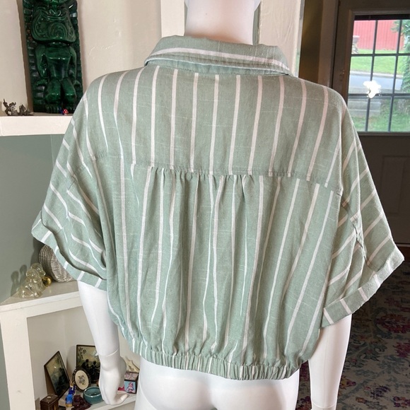 Altar'd State Button Up Down Green White Striped Crop Top Tie XL XLarge collared - Picture 7 of 10